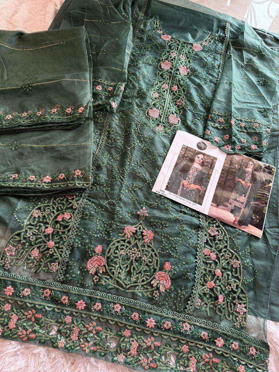 MEHBOOB TEX DESIGN NO - 1523 ABCD ORGANZA HEAVY EMBROIDERED HAND WORK PARTY WEAR SUIT WHOLESALE PRICE ( 4 PCS CATALOG )