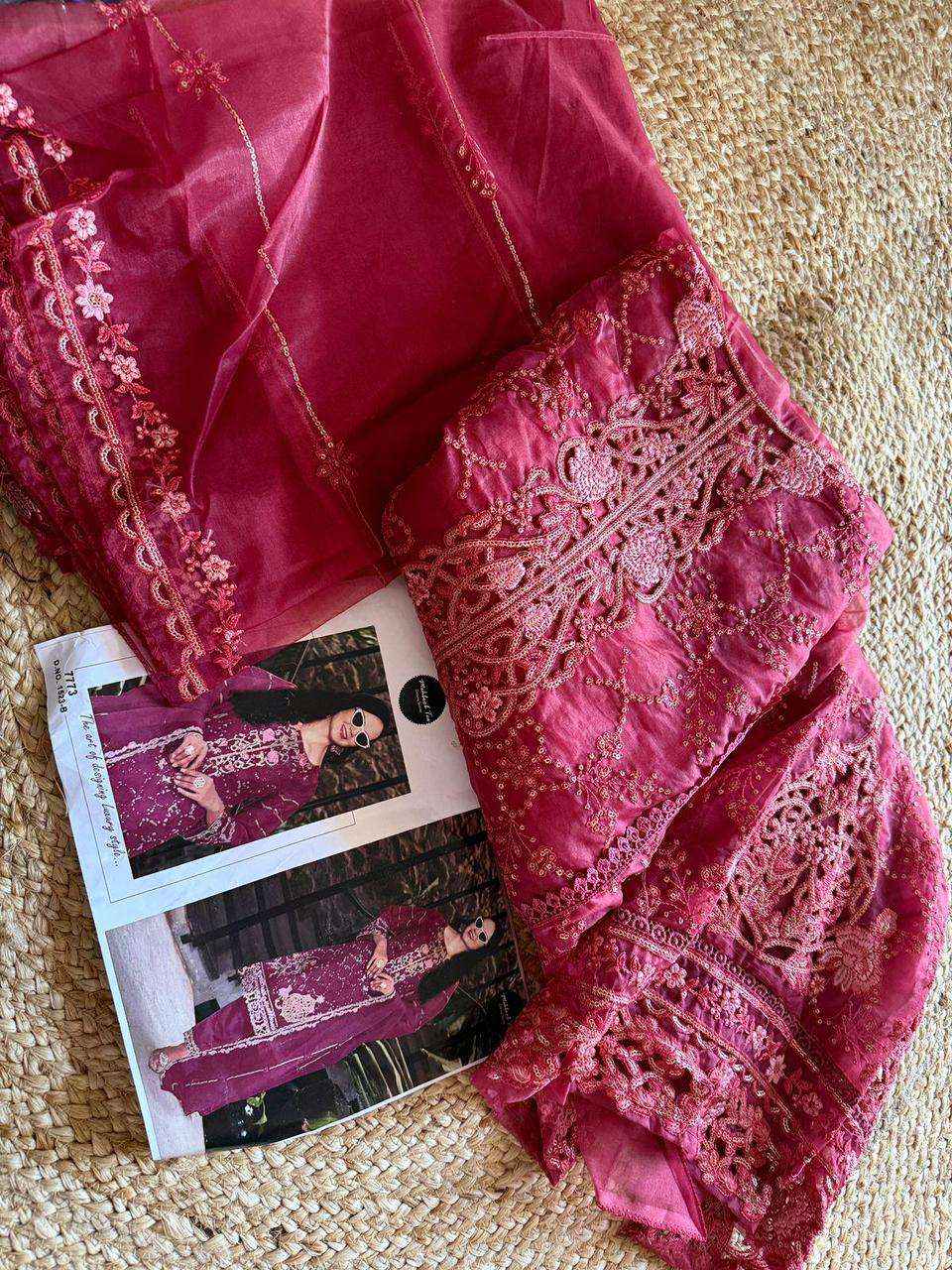MEHBOOB TEX DESIGN NO - 1523 ABCD ORGANZA HEAVY EMBROIDERED HAND WORK PARTY WEAR SUIT WHOLESALE PRICE ( 4 PCS CATALOG )