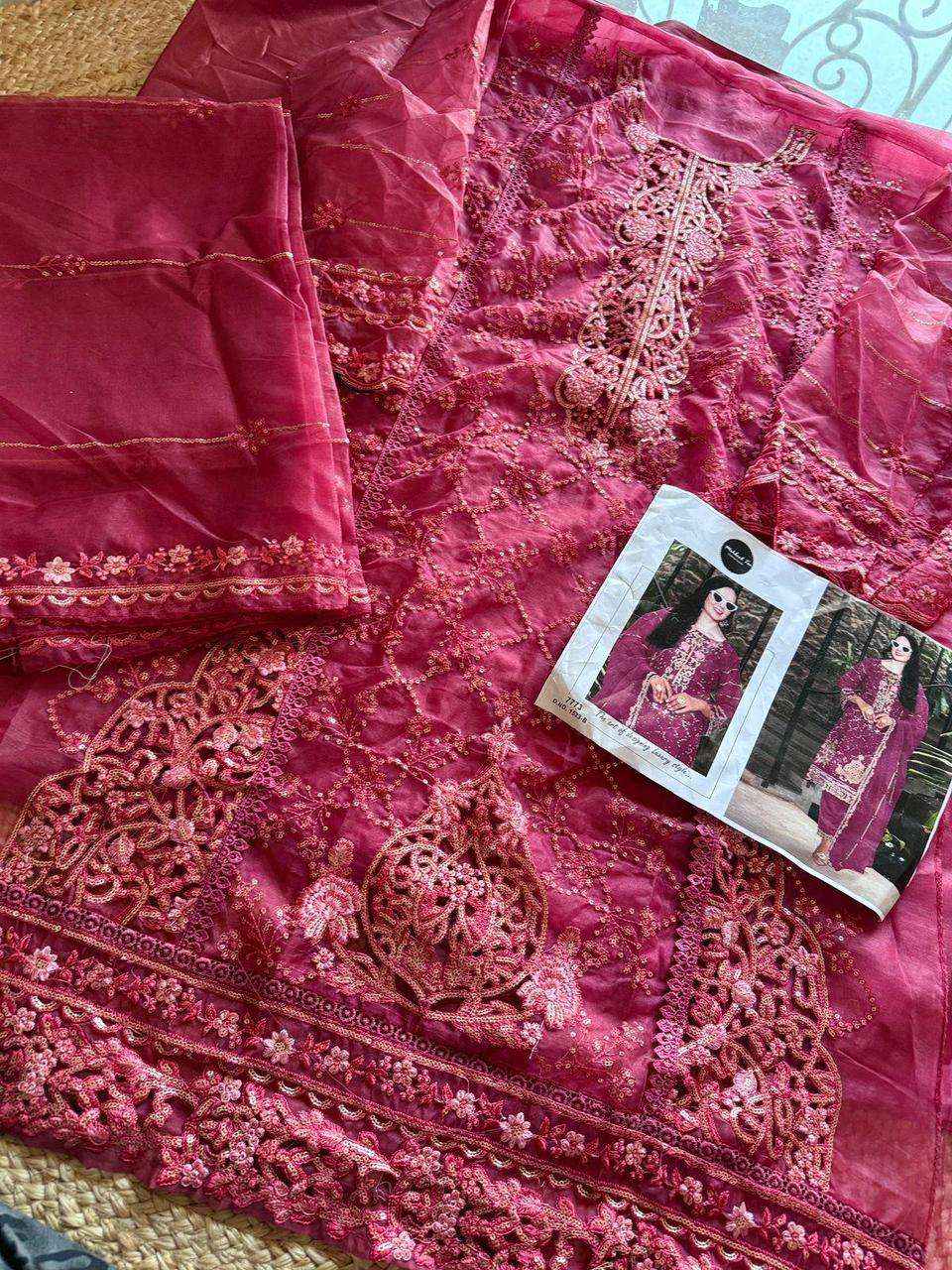 MEHBOOB TEX DESIGN NO - 1523 ABCD ORGANZA HEAVY EMBROIDERED HAND WORK PARTY WEAR SUIT WHOLESALE PRICE ( 4 PCS CATALOG )