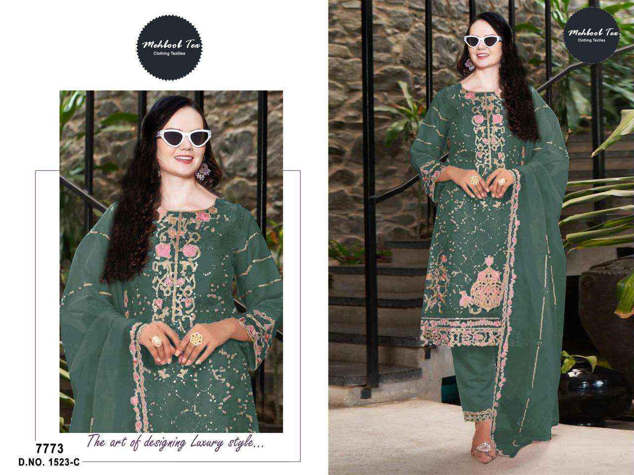 MEHBOOB TEX DESIGN NO - 1523 ABCD ORGANZA HEAVY EMBROIDERED HAND WORK PARTY WEAR SUIT WHOLESALE PRICE ( 4 PCS CATALOG )