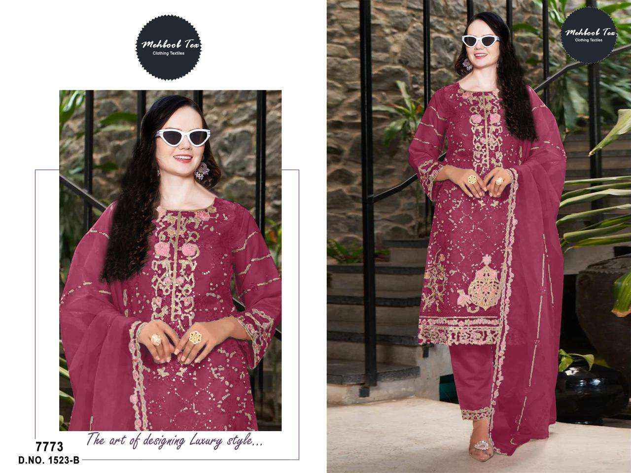 MEHBOOB TEX DESIGN NO - 1523 ABCD ORGANZA HEAVY EMBROIDERED HAND WORK PARTY WEAR SUIT WHOLESALE PRICE ( 4 PCS CATALOG )