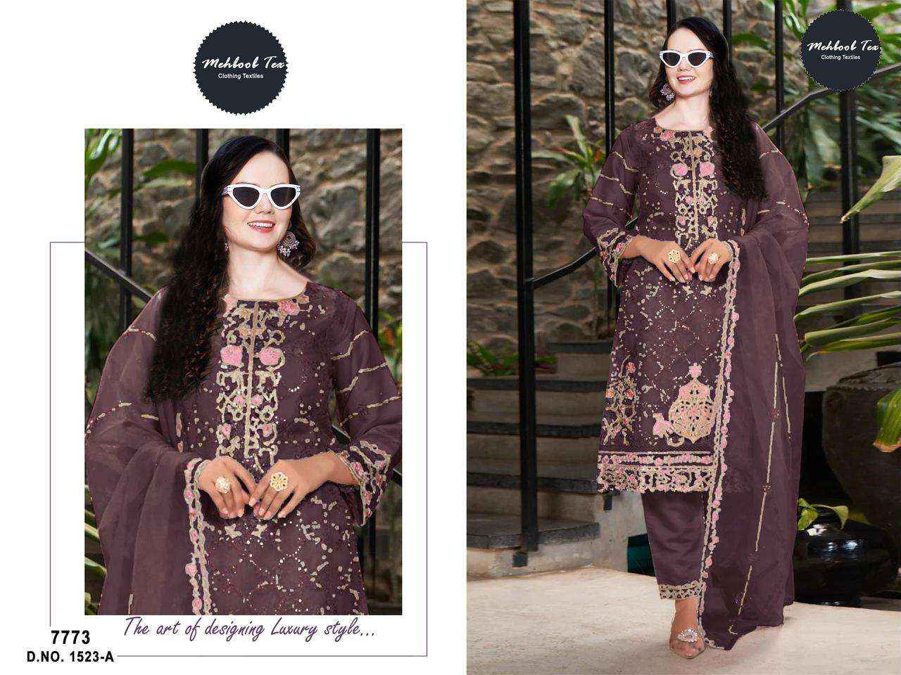 MEHBOOB TEX DESIGN NO - 1523 ABCD ORGANZA HEAVY EMBROIDERED HAND WORK PARTY WEAR SUIT WHOLESALE PRICE ( 4 PCS CATALOG )