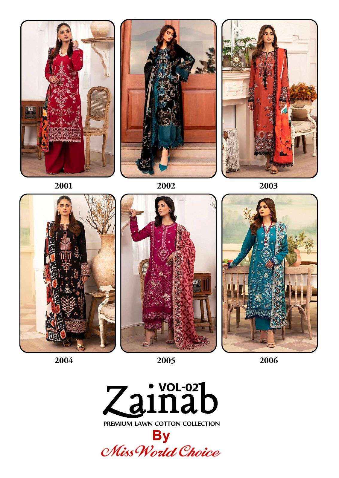 MISS WORLD CHOICE ZAINAB VOL 2 LAWN COTTON PAKISTANI SUITS ( 6 PCS CATALOGUE )