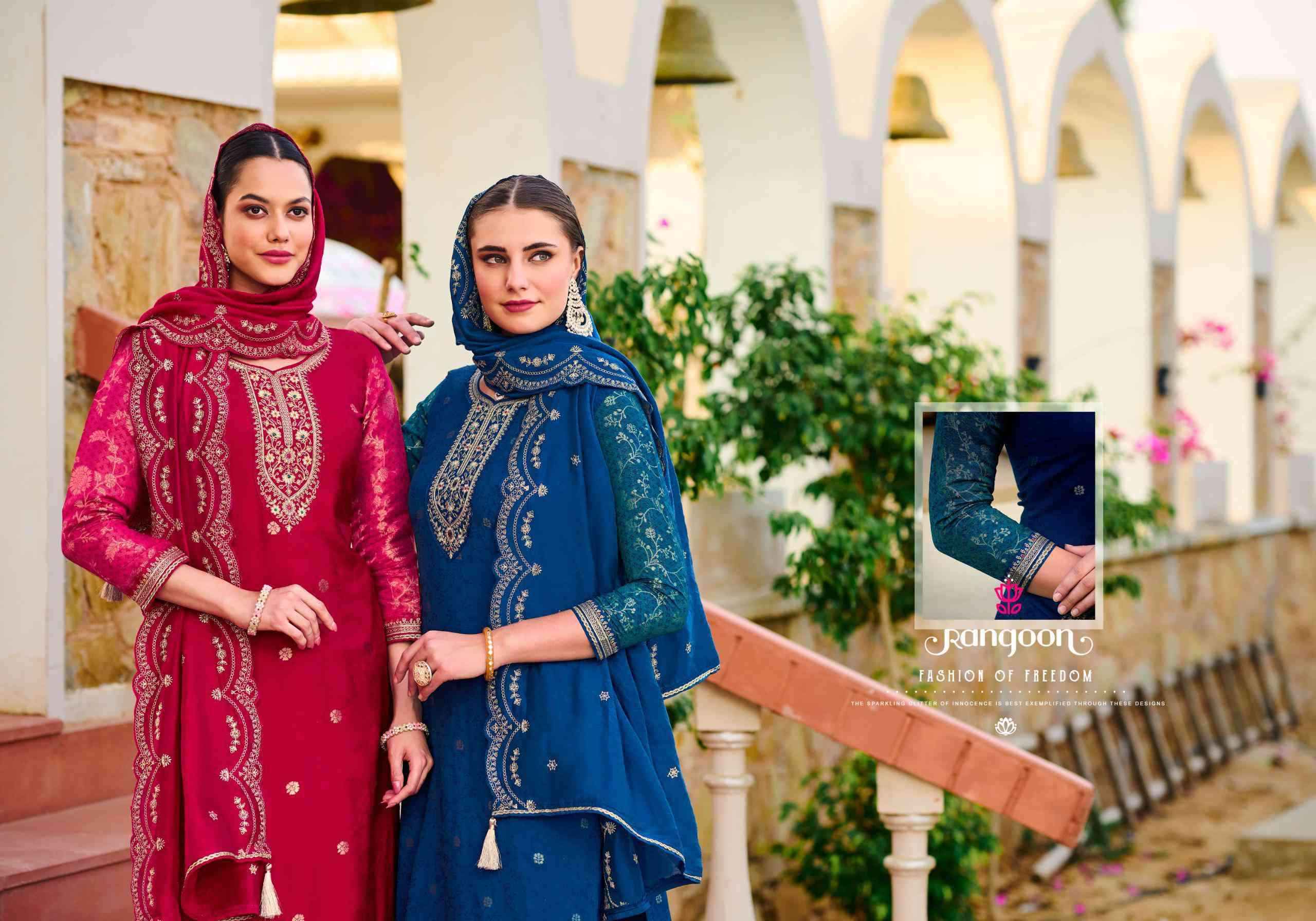 Rangoon Awaari wholesale Muslin Jacquard Designer Readymade Suits ( 4 Pcs Catalogue )