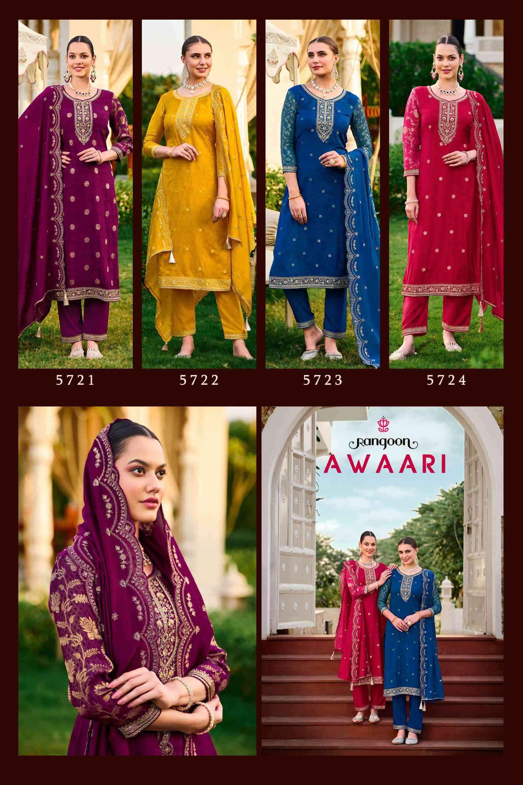 Rangoon Awaari wholesale Muslin Jacquard Designer Readymade Suits ( 4 Pcs Catalogue )