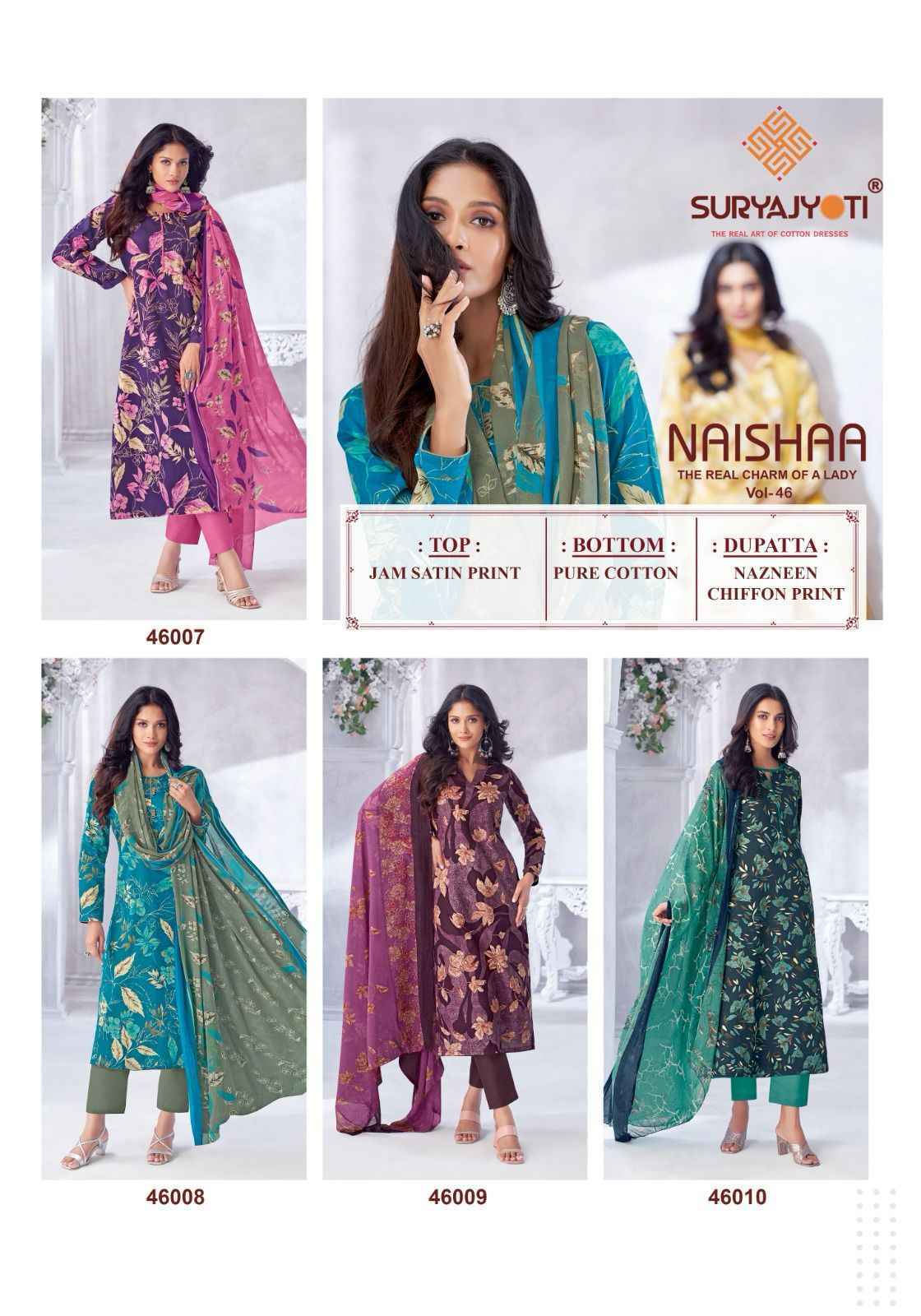 Suryajyoti Naishaa Vol 46 Jam Satin Salwar Kameez Wholesale Price ( 10 Pcs Catalog )