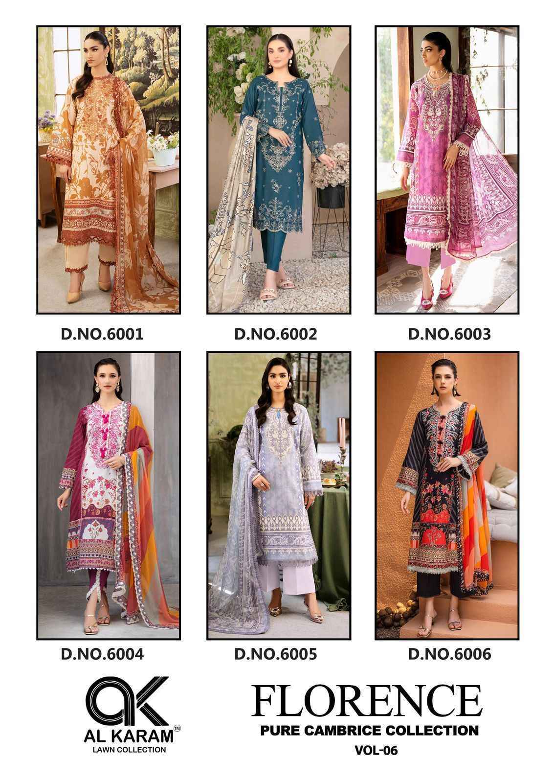 Al Karam Florence Vol-6 Cambric Cotton Dress Material Wholesale Price ( 6 pcs Catalogue )