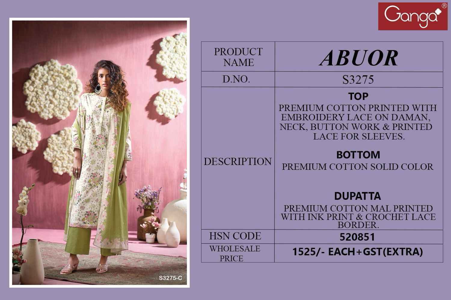 Ganga Abuor 3275 Cotton Salwar Kameez Wholesale Price ( 4 Pcs Catalog )