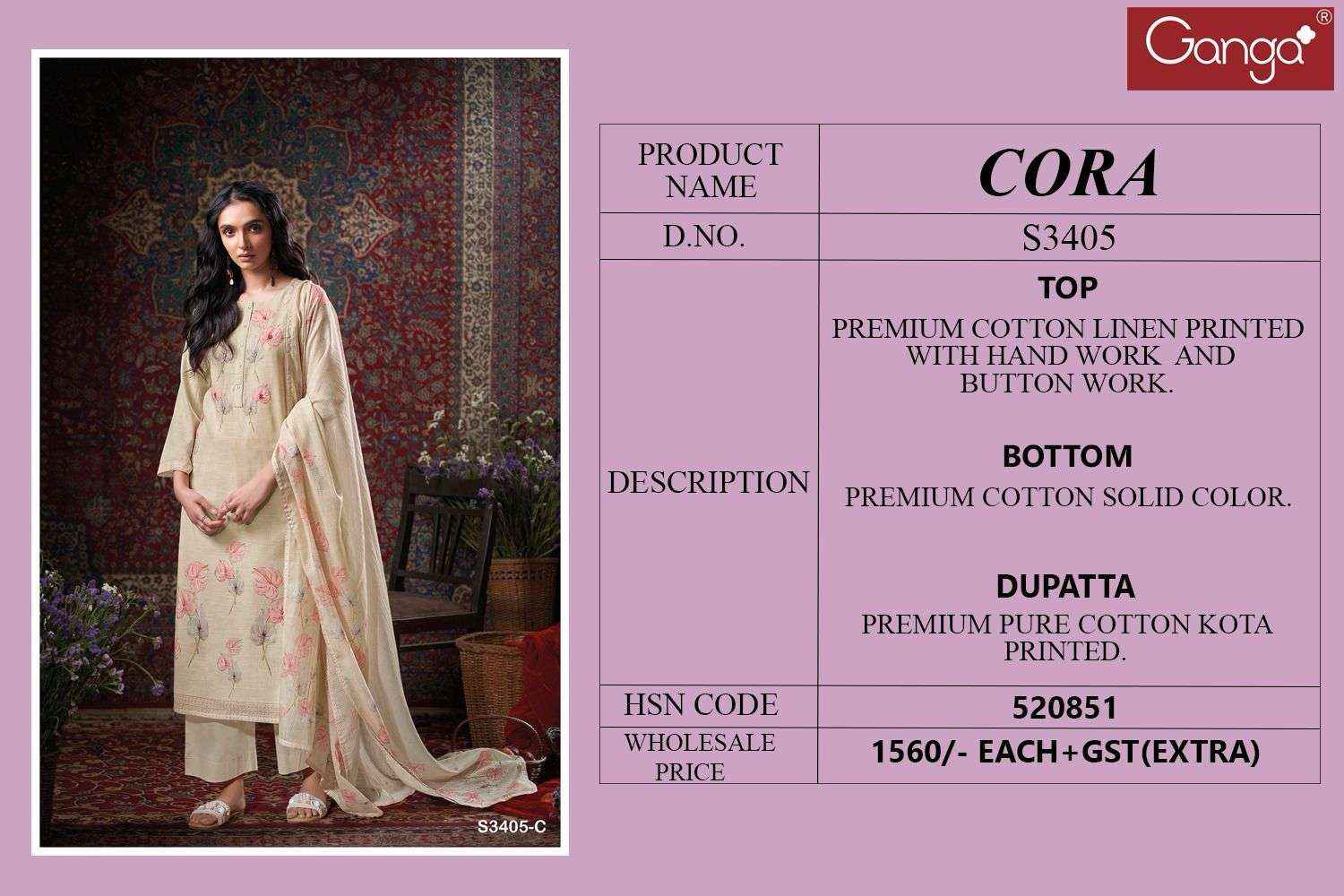 Ganga Fashion Cora 3405 Fancy Work Cotton Salwar Kameez Wholesale Price ( 4 Pcs Catalog )