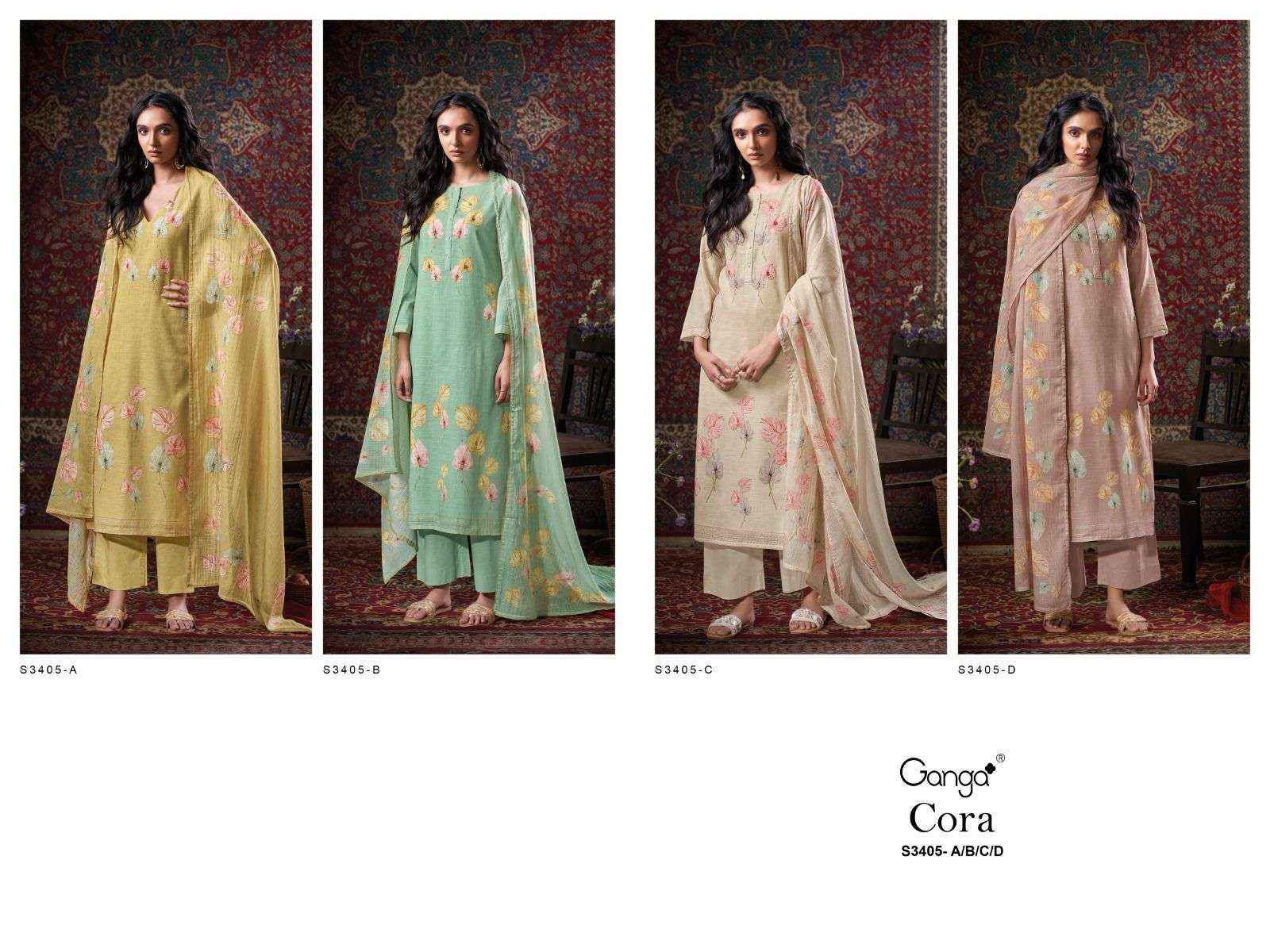 Ganga Fashion Cora 3405 Fancy Work Cotton Salwar Kameez Wholesale Price ( 4 Pcs Catalog )