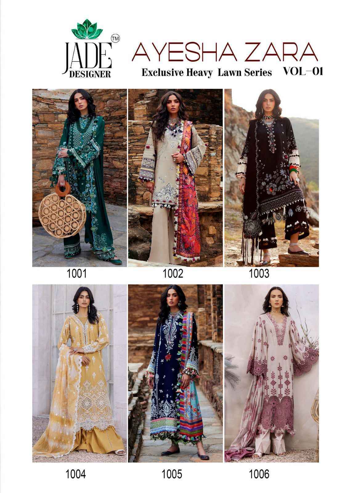 Jade Ayesha Zara Vol 1 Wholesale Pakistani Lawn Cotton Dress Material ( 6 pcs Catalogue )