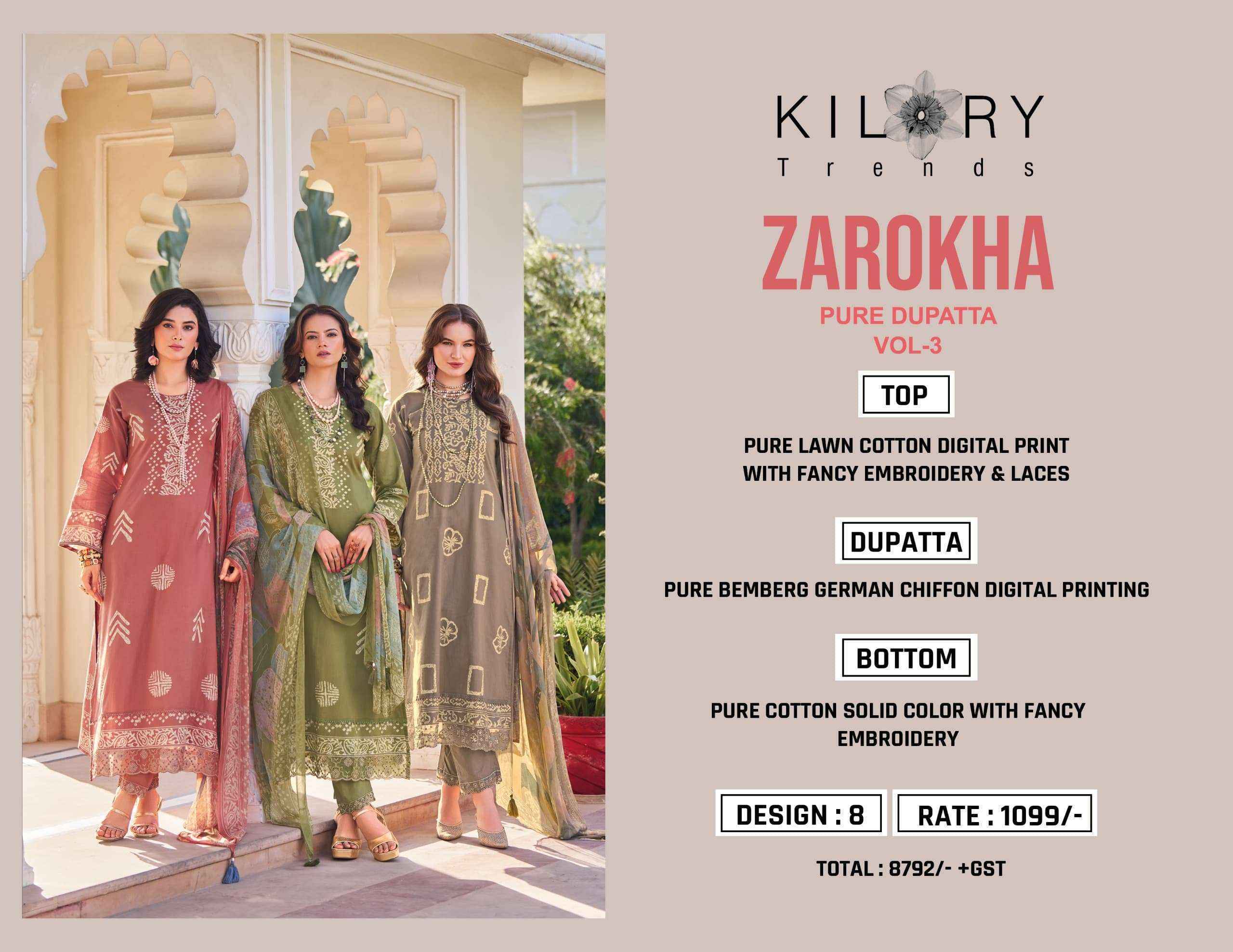 Kilory Trends Zarokha Vol-3 Lawn Cotton Dress Material ( 8 pcs Catalogue)