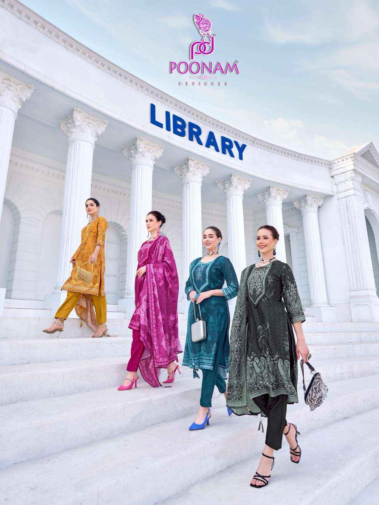 POONAM DESIGNER LIBRARY DIGITAL PRINT CREPE DESIGNER READYMADE SUITS ( 5 PCS CATALOGUE )