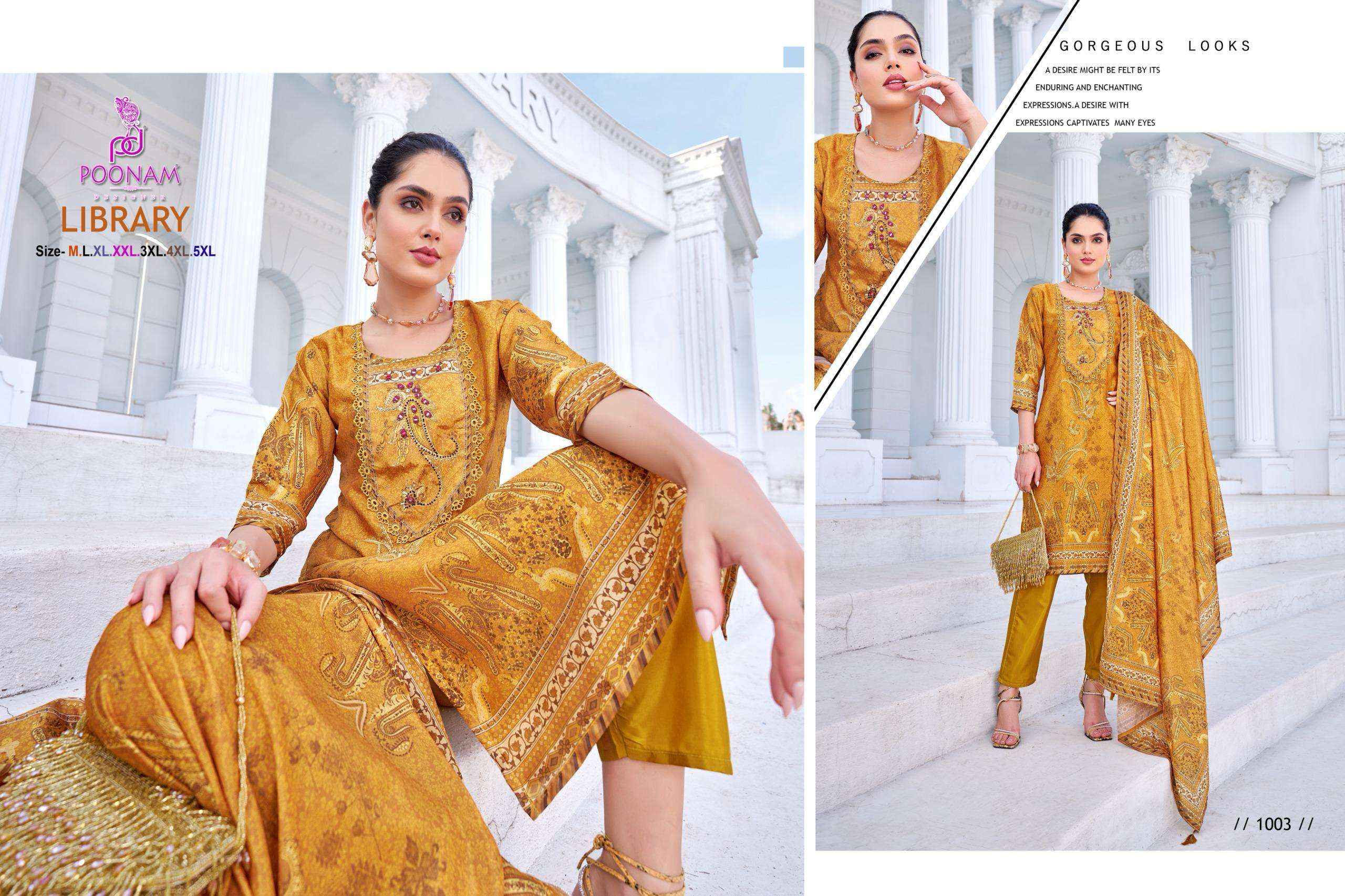 POONAM DESIGNER LIBRARY DIGITAL PRINT CREPE DESIGNER READYMADE SUITS ( 5 PCS CATALOGUE )
