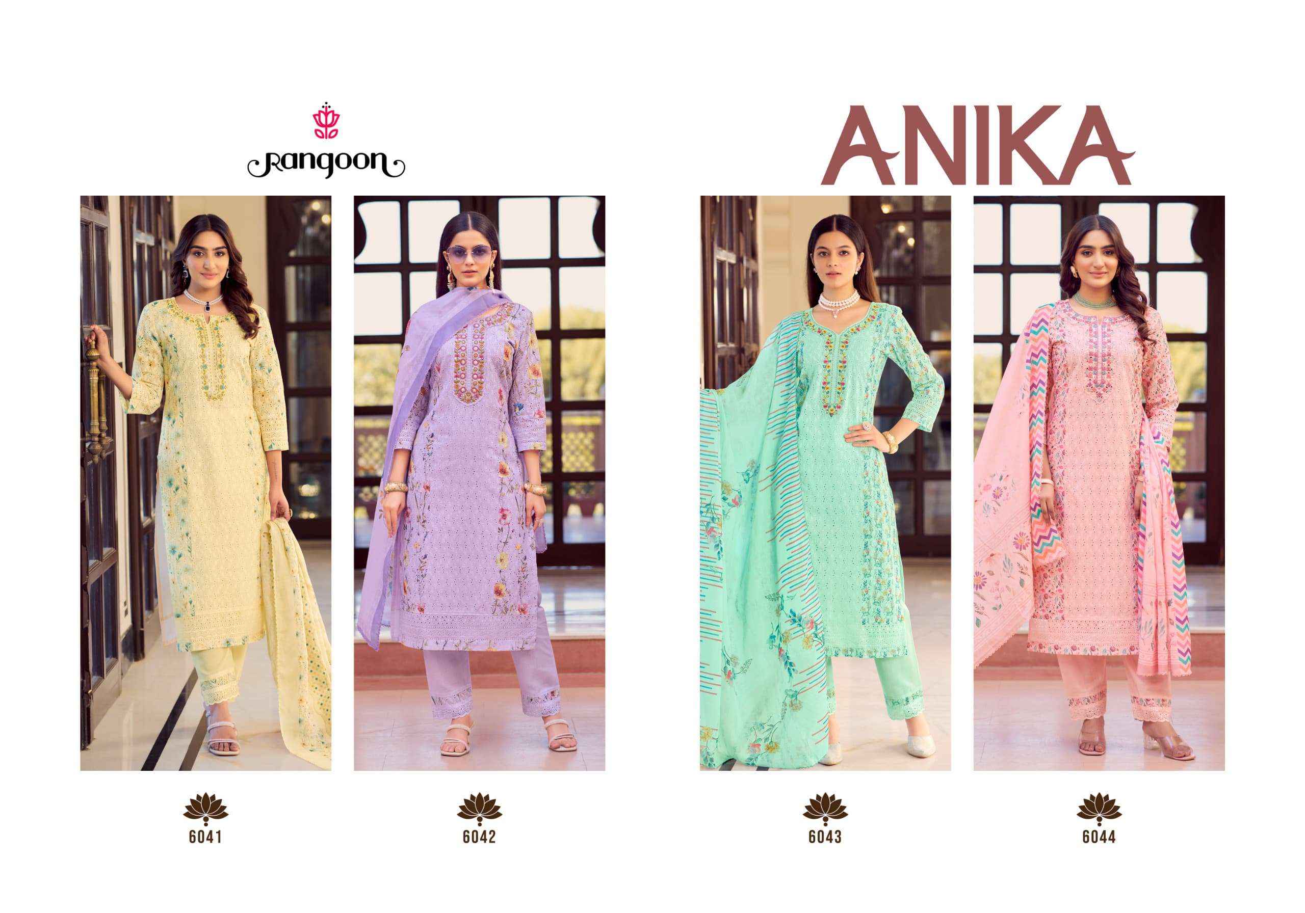 Rangoon Anika Designer Schiffli Work Kurti Pant Dupatta Set Dress Wholesale Rate Price ( 4 Pcs Catalog )