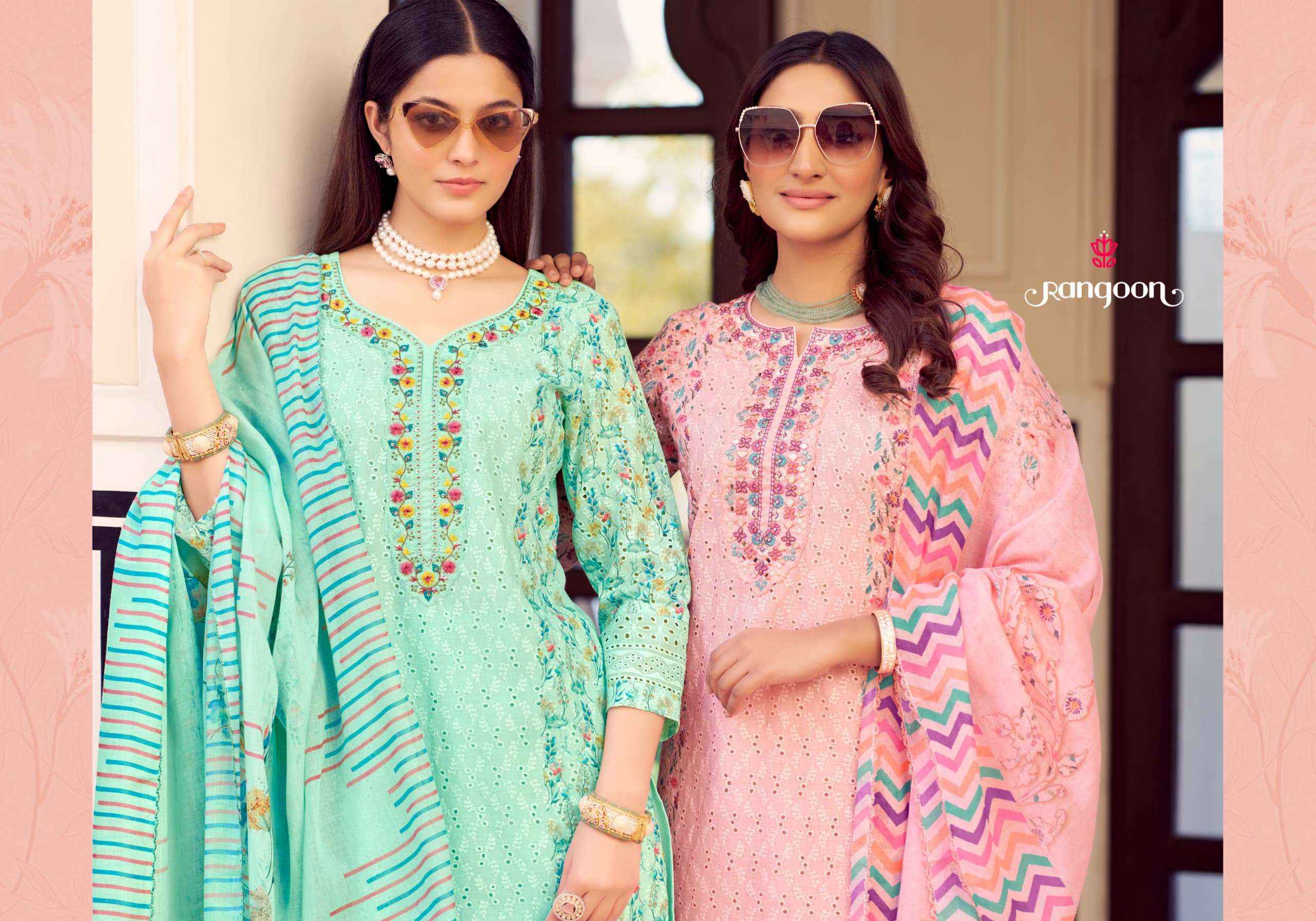 Rangoon Anika Designer Schiffli Work Kurti Pant Dupatta Set Dress Wholesale Rate Price ( 4 Pcs Catalog )