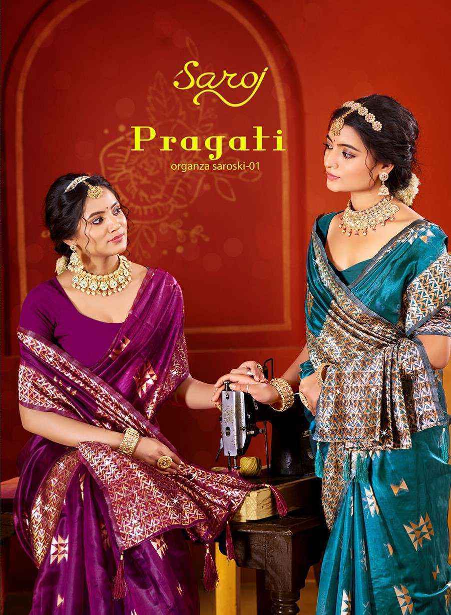 Saroj Pragati Vol-1 Organza Swarovski Saree - Surat Wholesale (6 pcs Catalogue)