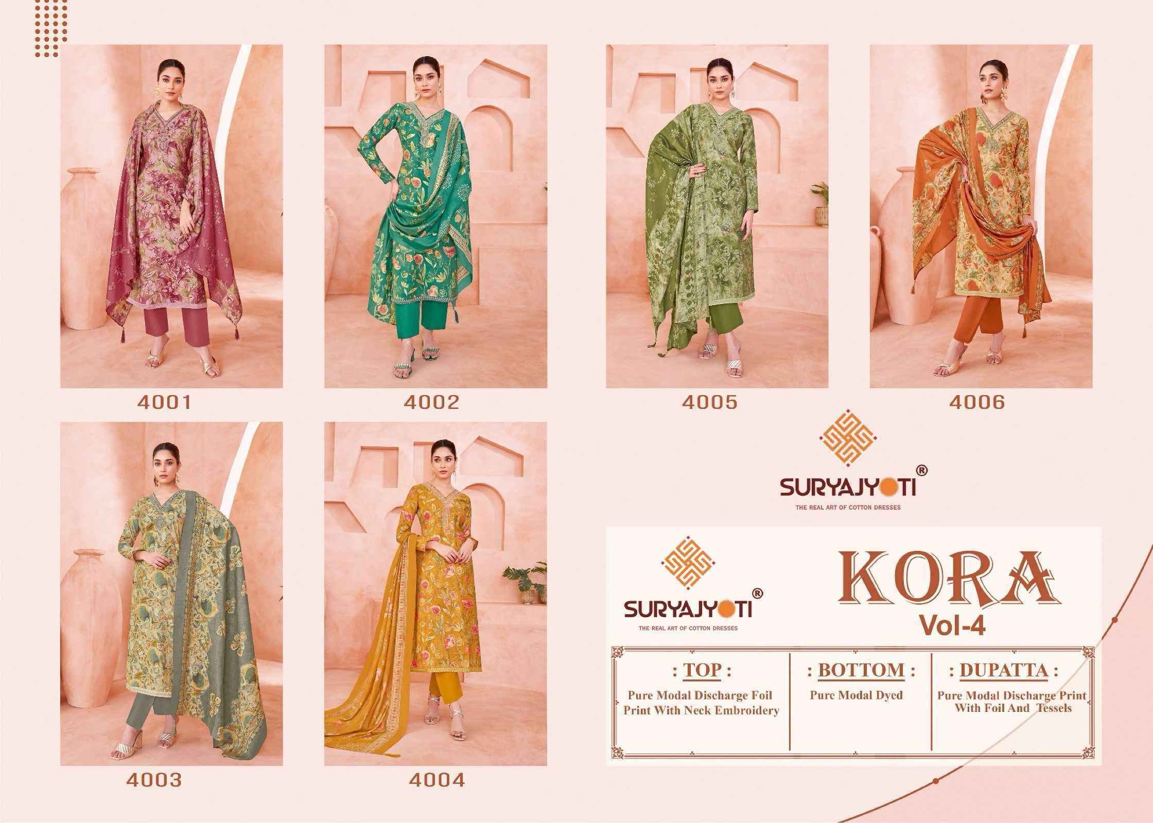 Suryajyoti Kora Vol 4 Wholesale Pure Modal Dress Material ( 6 Pcs Catalogue )