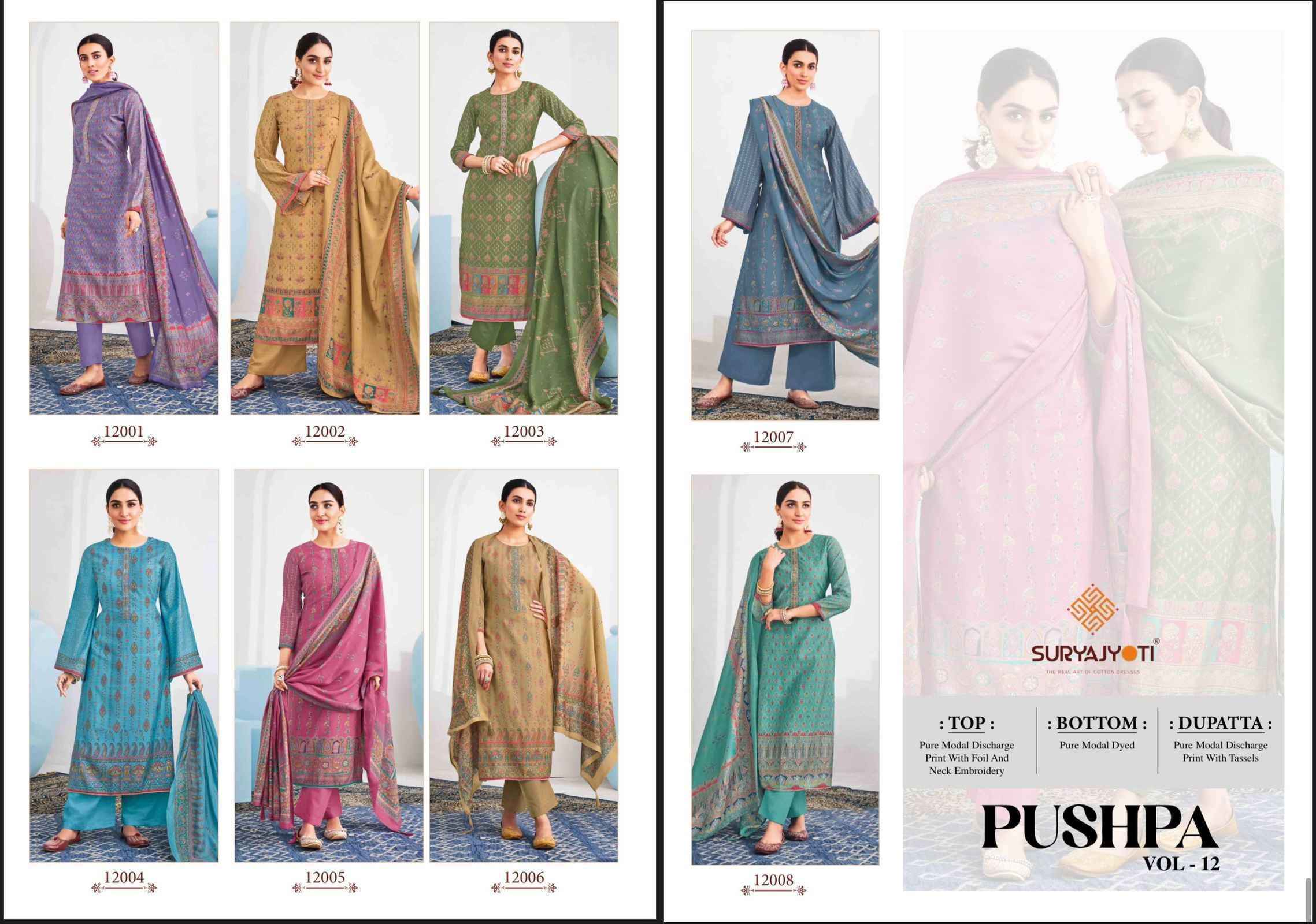 Suryajyoti Pushpa Vol 12 Fancy Work Modal Ladies Suit Wholesale Price ( 8 Pcs Catalog )