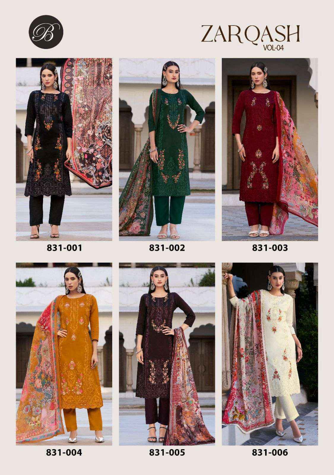 Belliza Designer Zarqash Vol 4 Jam Dress Material New Catalogue ( 6 pcs Catalogue )