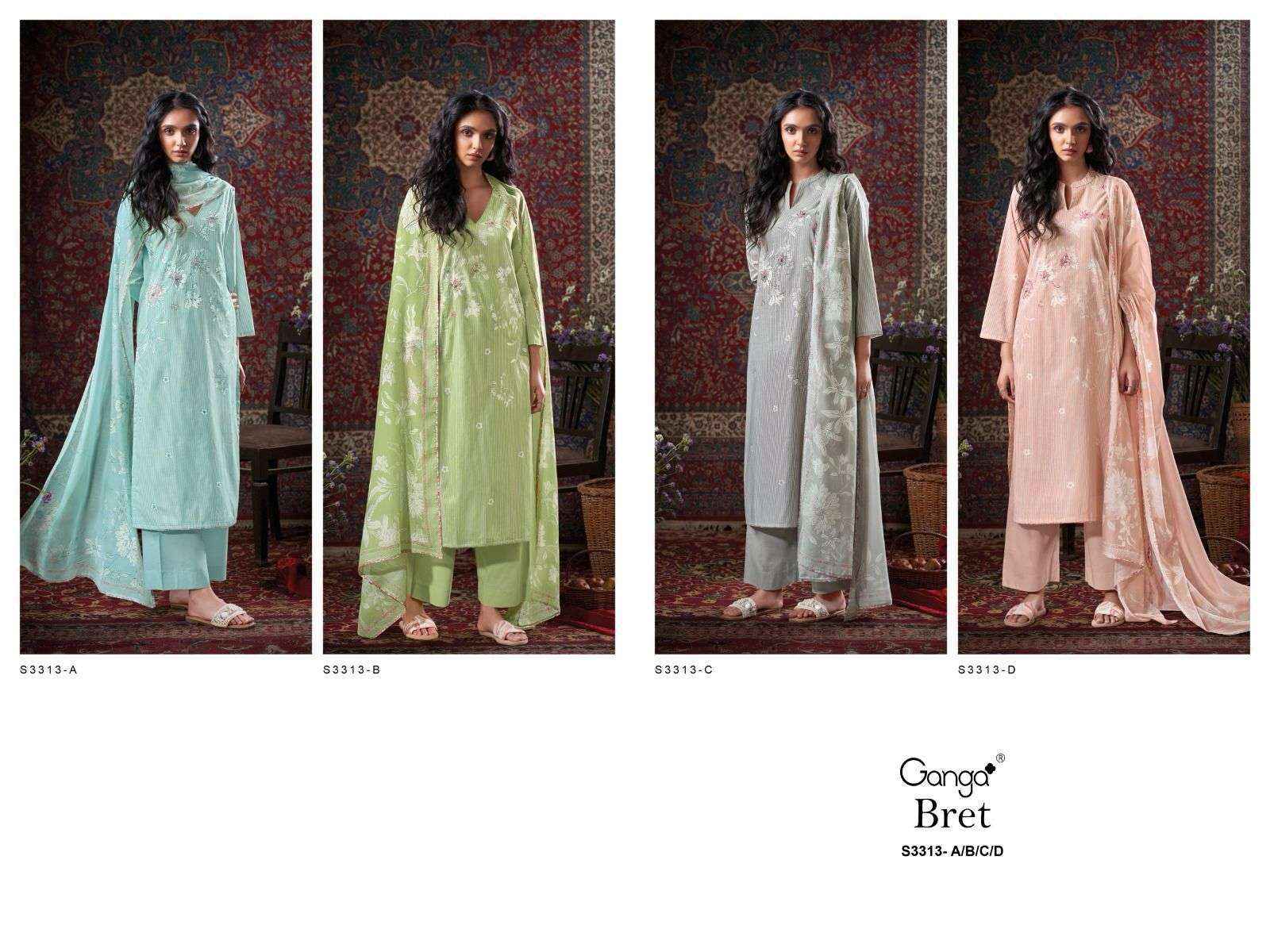 GANGA BRET 3313 COTTON PRINTED WITH FANCY DESIGNER WORK SUIT WHOLESALE PRICE ( 4 PCS CATALOG )
