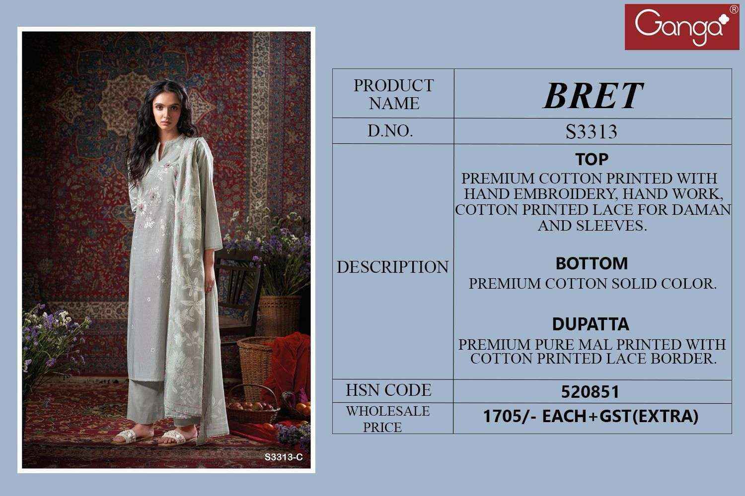 GANGA BRET 3313 COTTON PRINTED WITH FANCY DESIGNER WORK SUIT WHOLESALE PRICE ( 4 PCS CATALOG )