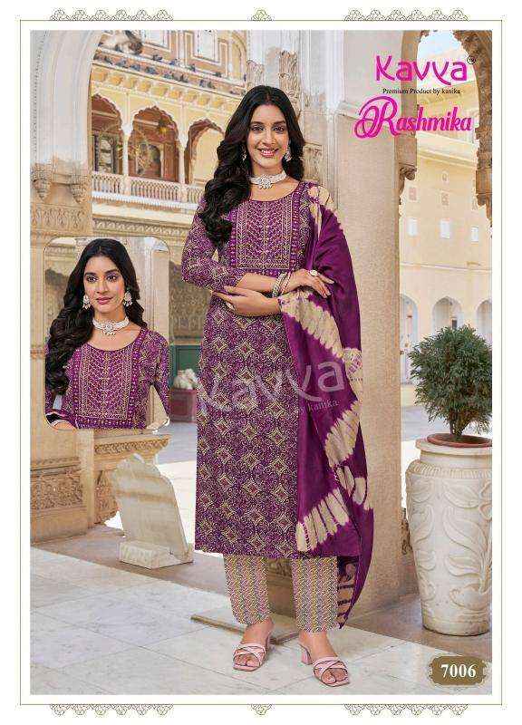KAVYA RASHMIKA VOL 7 RAYON FANCY STRAIGHT CUT READYMADE SUIT WHOLESALE RATE ( 10 PCS CATALOG )