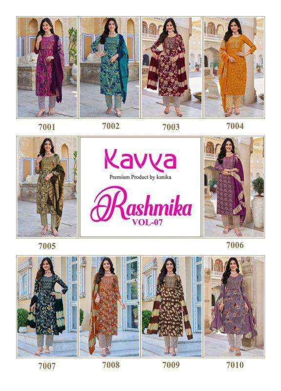 KAVYA RASHMIKA VOL 7 RAYON FANCY STRAIGHT CUT READYMADE SUIT WHOLESALE RATE ( 10 PCS CATALOG )