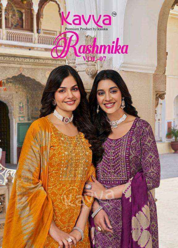 KAVYA RASHMIKA VOL 7 RAYON FANCY STRAIGHT CUT READYMADE SUIT WHOLESALE RATE ( 10 PCS CATALOG )