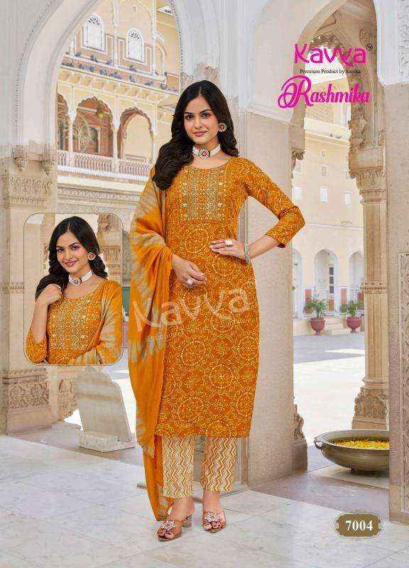KAVYA RASHMIKA VOL 7 RAYON FANCY STRAIGHT CUT READYMADE SUIT WHOLESALE RATE ( 10 PCS CATALOG )