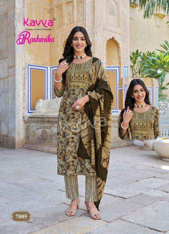 KAVYA RASHMIKA VOL 7 RAYON FANCY STRAIGHT CUT READYMADE SUIT WHOLESALE RATE ( 10 PCS CATALOG )