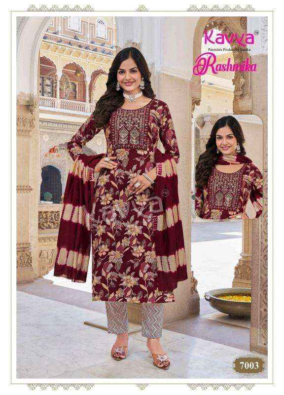 KAVYA RASHMIKA VOL 7 RAYON FANCY STRAIGHT CUT READYMADE SUIT WHOLESALE RATE ( 10 PCS CATALOG )