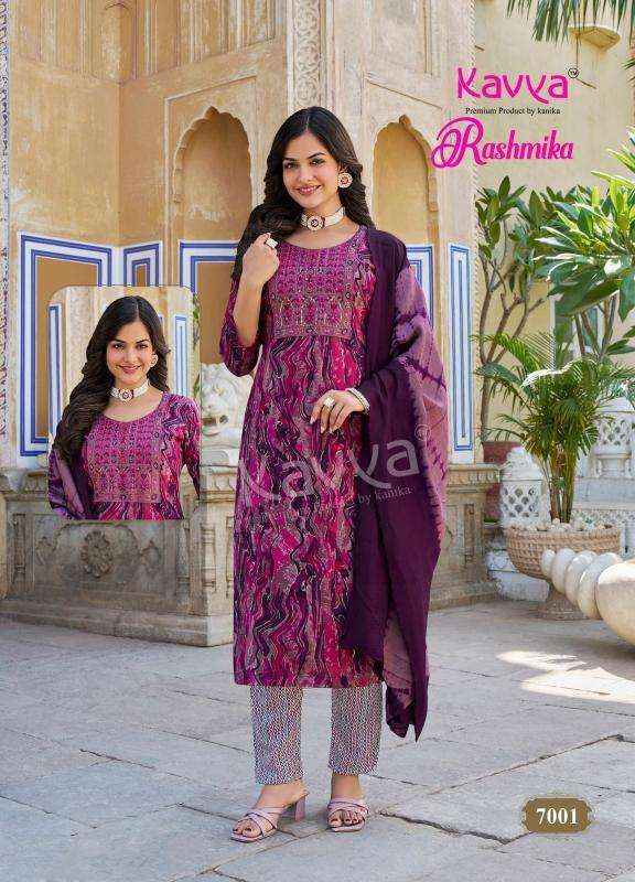 KAVYA RASHMIKA VOL 7 RAYON FANCY STRAIGHT CUT READYMADE SUIT WHOLESALE RATE ( 10 PCS CATALOG )