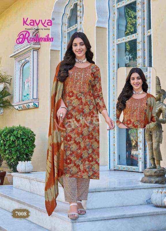 KAVYA RASHMIKA VOL 7 RAYON FANCY STRAIGHT CUT READYMADE SUIT WHOLESALE RATE ( 10 PCS CATALOG )