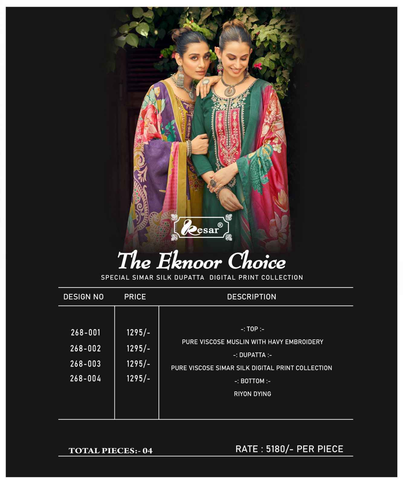 Kesar The Eknoor Choice Viscouse Musline Salwar Kameez Wholesale Price ( 4 Pcs Catalog )