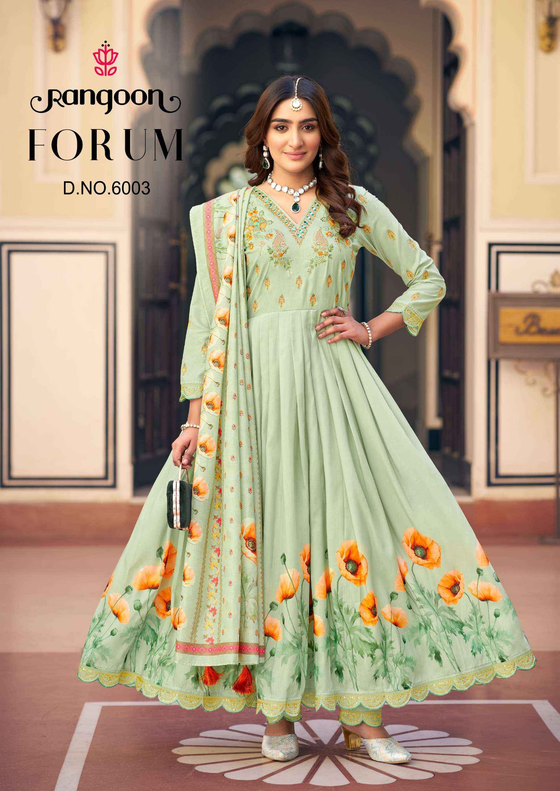 RANGOON FORUM MUSLIN DESIGNER FANCY ANARKALI STYLE LADIES SUIT WHOLESALE PRICE ( 4 PCS CATALOG )