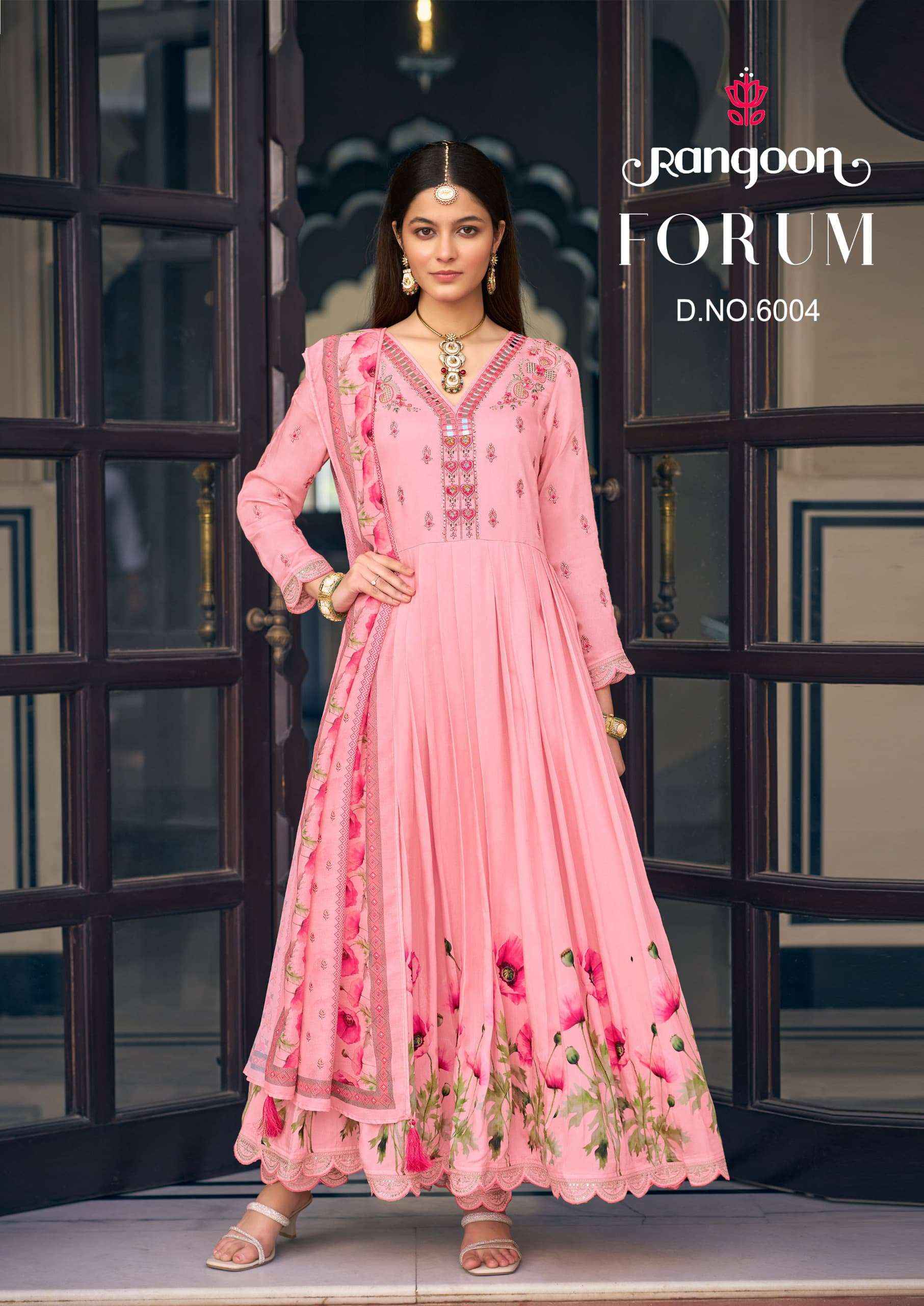 RANGOON FORUM MUSLIN DESIGNER FANCY ANARKALI STYLE LADIES SUIT WHOLESALE PRICE ( 4 PCS CATALOG )