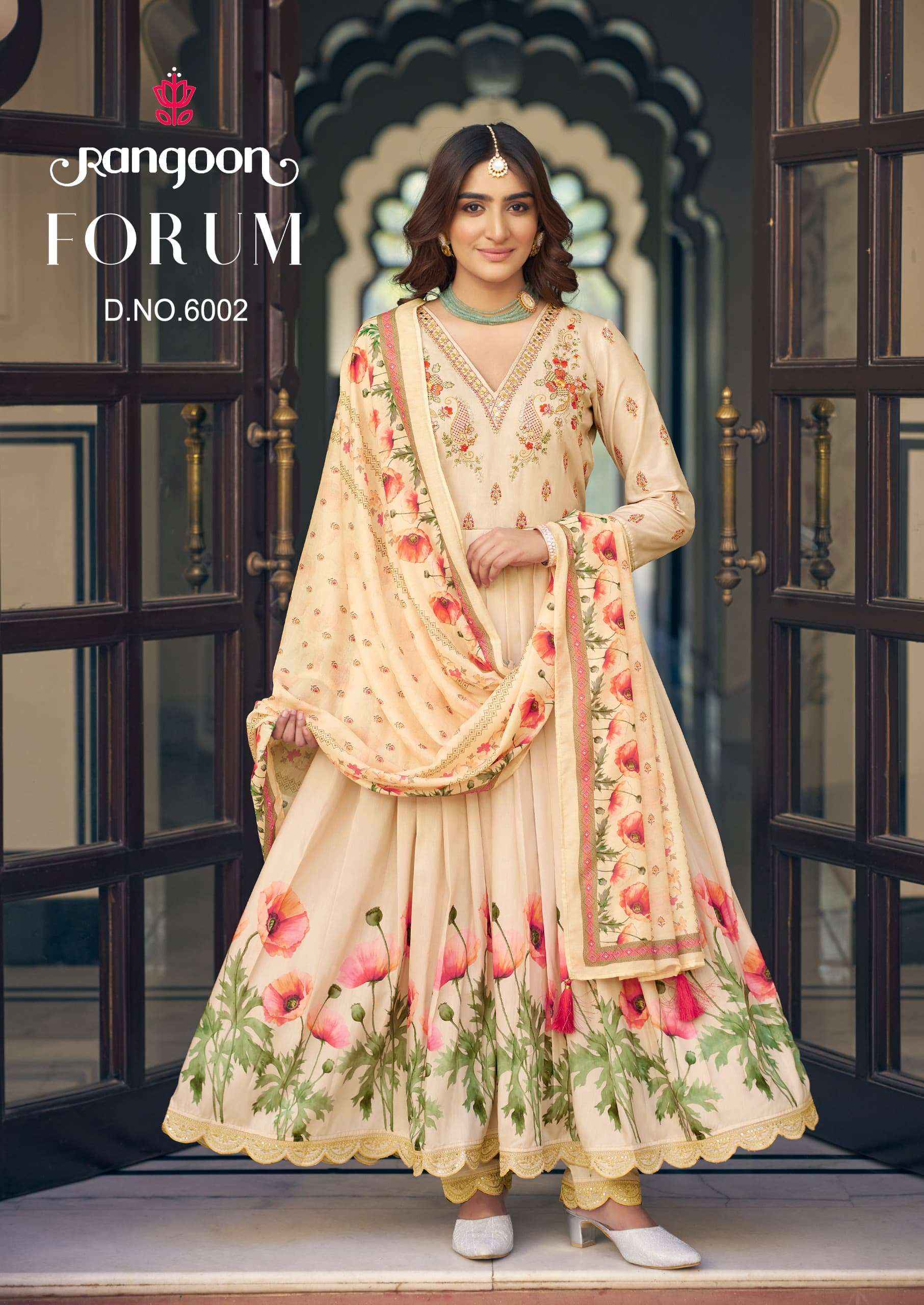 RANGOON FORUM MUSLIN DESIGNER FANCY ANARKALI STYLE LADIES SUIT WHOLESALE PRICE ( 4 PCS CATALOG )