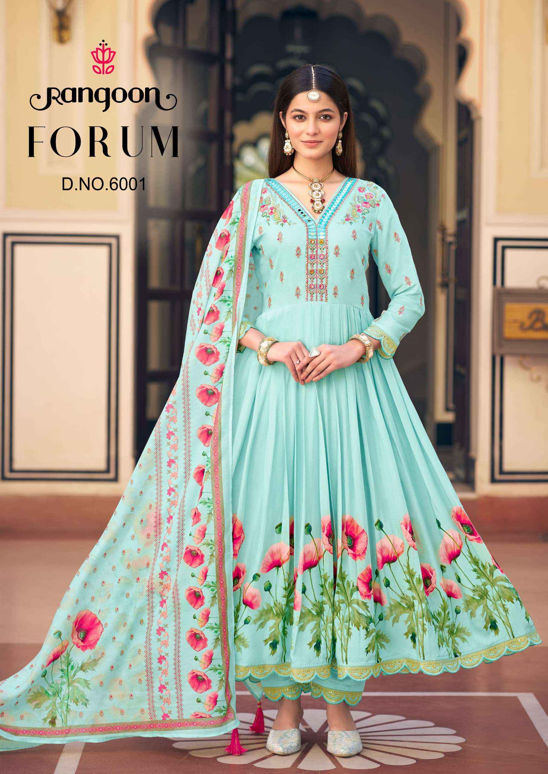 RANGOON FORUM MUSLIN DESIGNER FANCY ANARKALI STYLE LADIES SUIT WHOLESALE PRICE ( 4 PCS CATALOG )