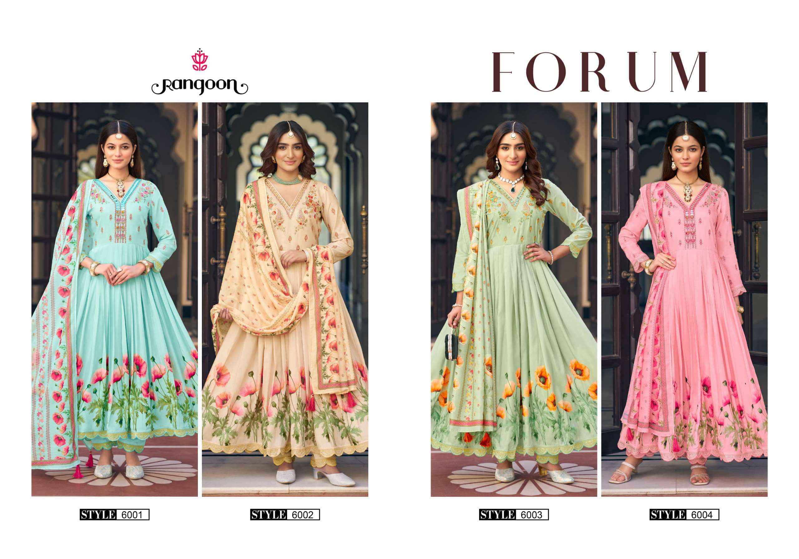 RANGOON FORUM MUSLIN DESIGNER FANCY ANARKALI STYLE LADIES SUIT WHOLESALE PRICE ( 4 PCS CATALOG )