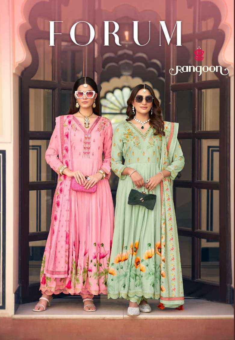 RANGOON FORUM MUSLIN DESIGNER FANCY ANARKALI STYLE LADIES SUIT WHOLESALE PRICE ( 4 PCS CATALOG )
