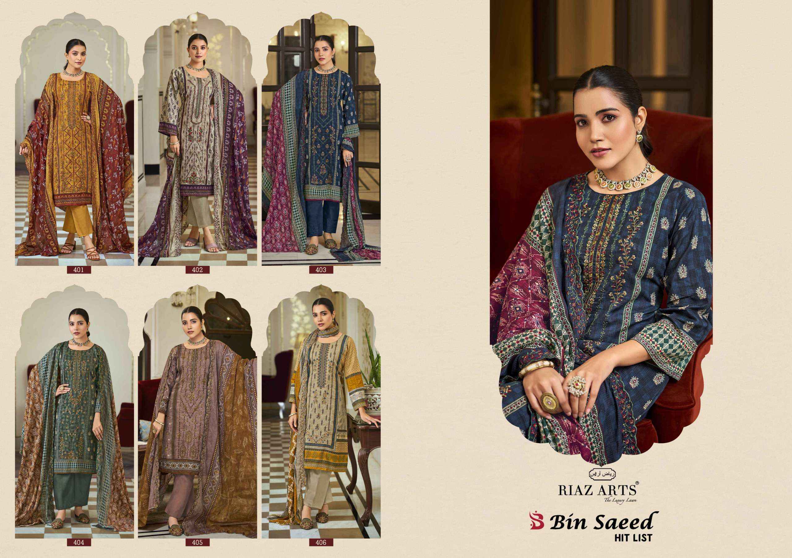 Riaz Arts Bin Saeed Hit List Lawn Cotton Pakistani Suits ( 6 Pcs Catalogue )
