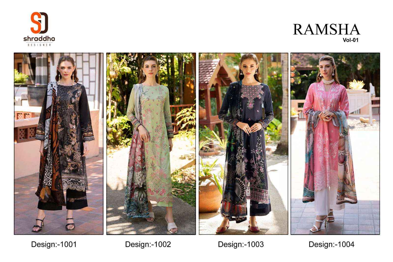 SHRADDHA DESIGNER RAMSHA VOL 1 COTTON EMBROIDERIS WORK SUIT WHOLESALE RATE ( 4 PCS CATALOG )
