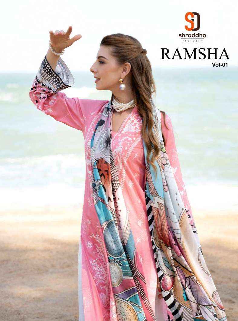 SHRADDHA DESIGNER RAMSHA VOL 1 COTTON EMBROIDERIS WORK SUIT WHOLESALE RATE ( 4 PCS CATALOG )