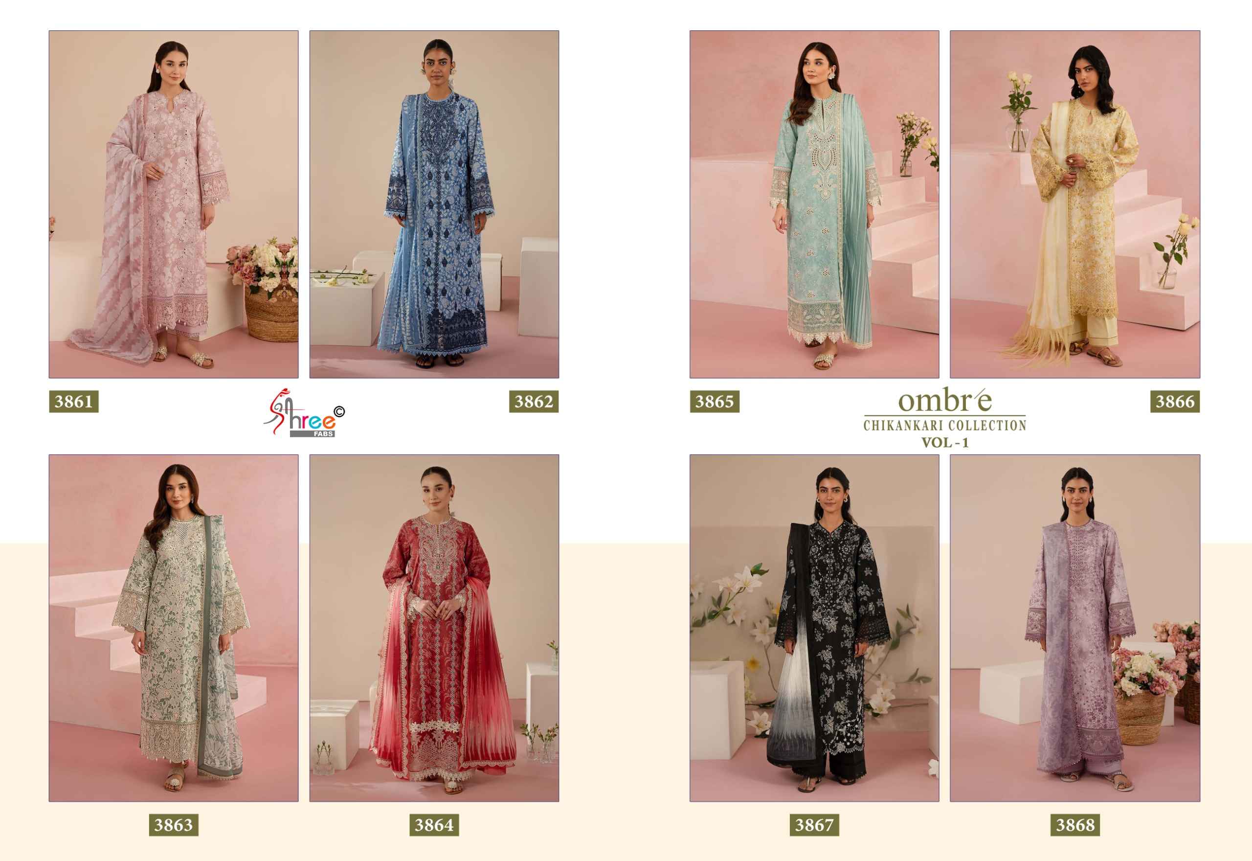 Shree fabs Ombre Chikankari Lawn Collection Vol 1 Dress Material ( 8 pcs catalogue)