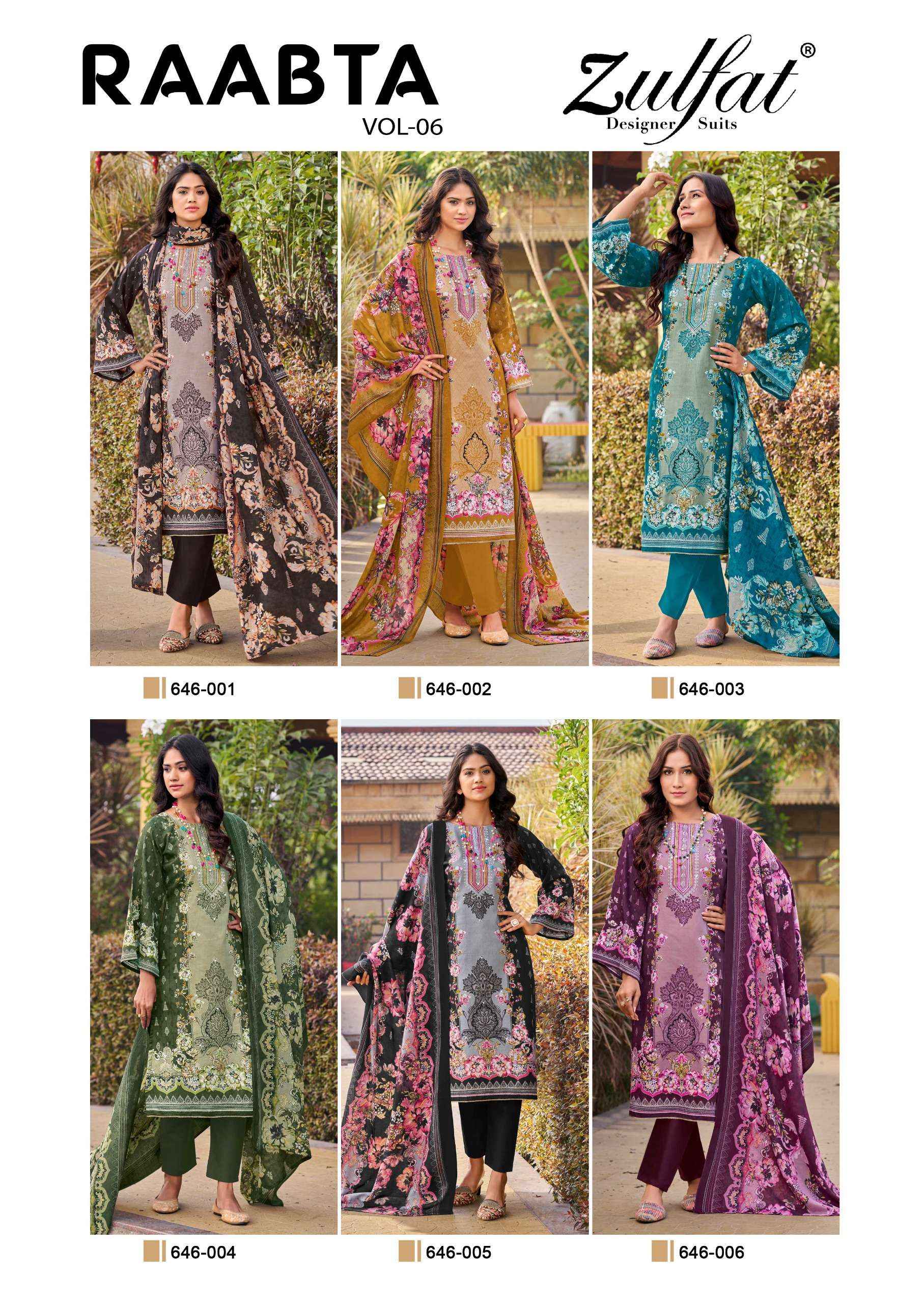 ZULFAT DESIGNER SUITS RAABTA VOL 6 COTTON DIGITAL PRINTS WITH WORK SUIT WHOLESALE PRICE ( 6 PCS CATALOG )