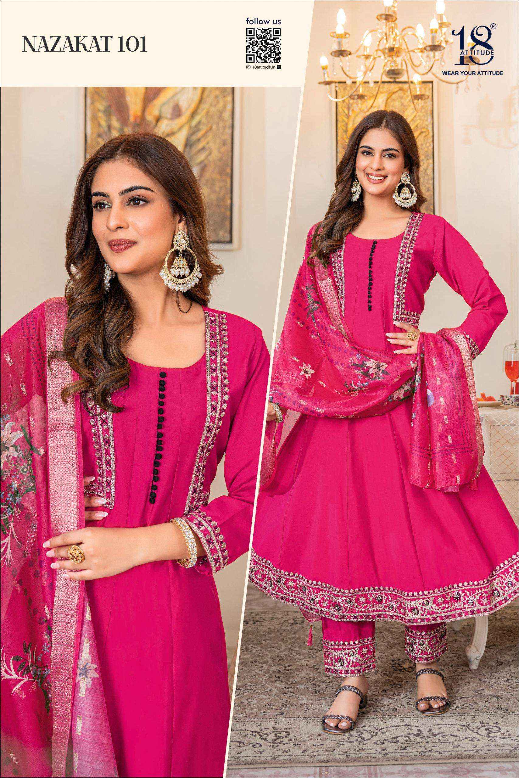 18 ATTITUDE NAZAKAT MUSLIN DESIGNER ANARKALI STYLE READY MADE LADIES DRESS WHOLESALE RATE ( 4 PCS CATALOG )