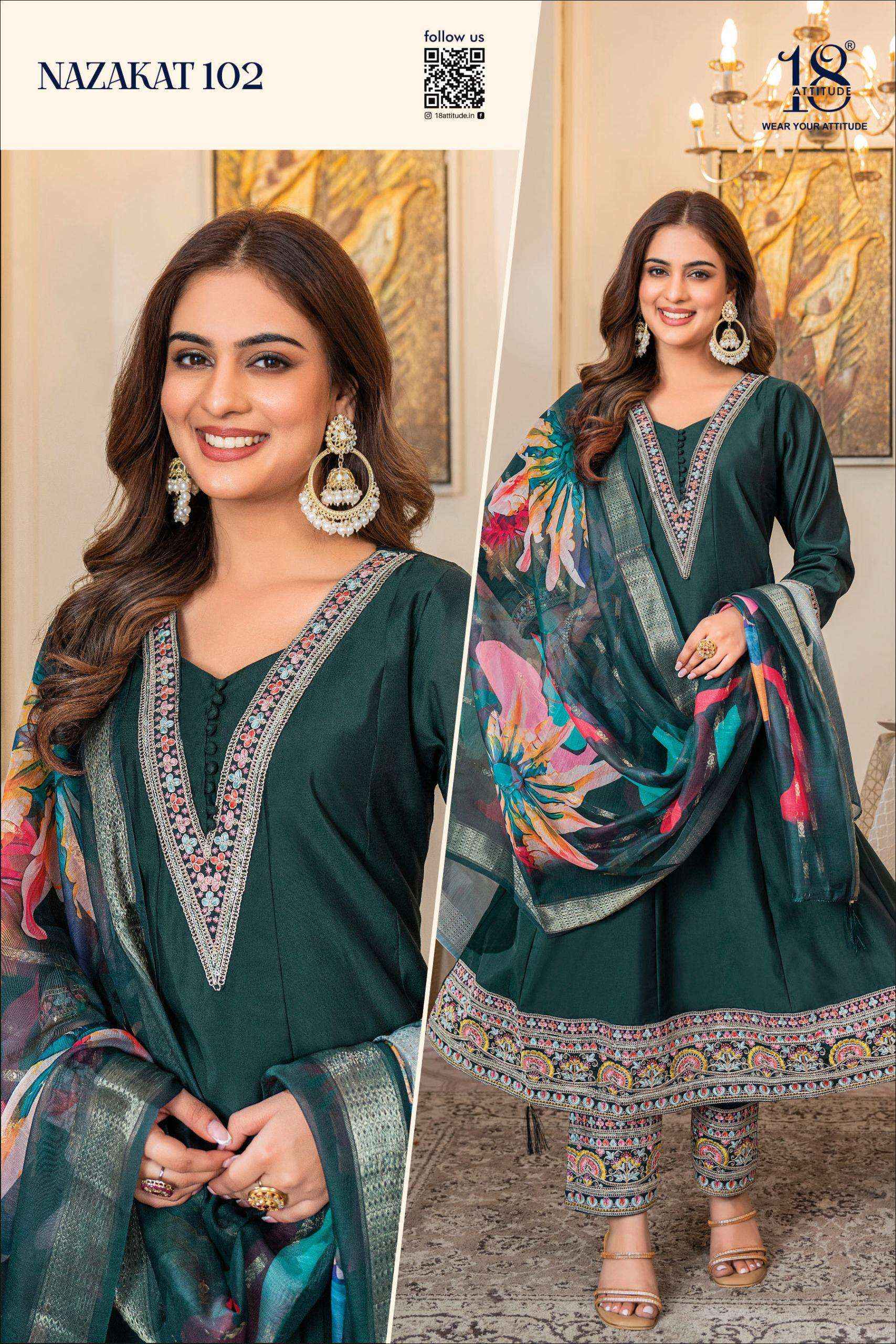 18 ATTITUDE NAZAKAT MUSLIN DESIGNER ANARKALI STYLE READY MADE LADIES DRESS WHOLESALE RATE ( 4 PCS CATALOG )