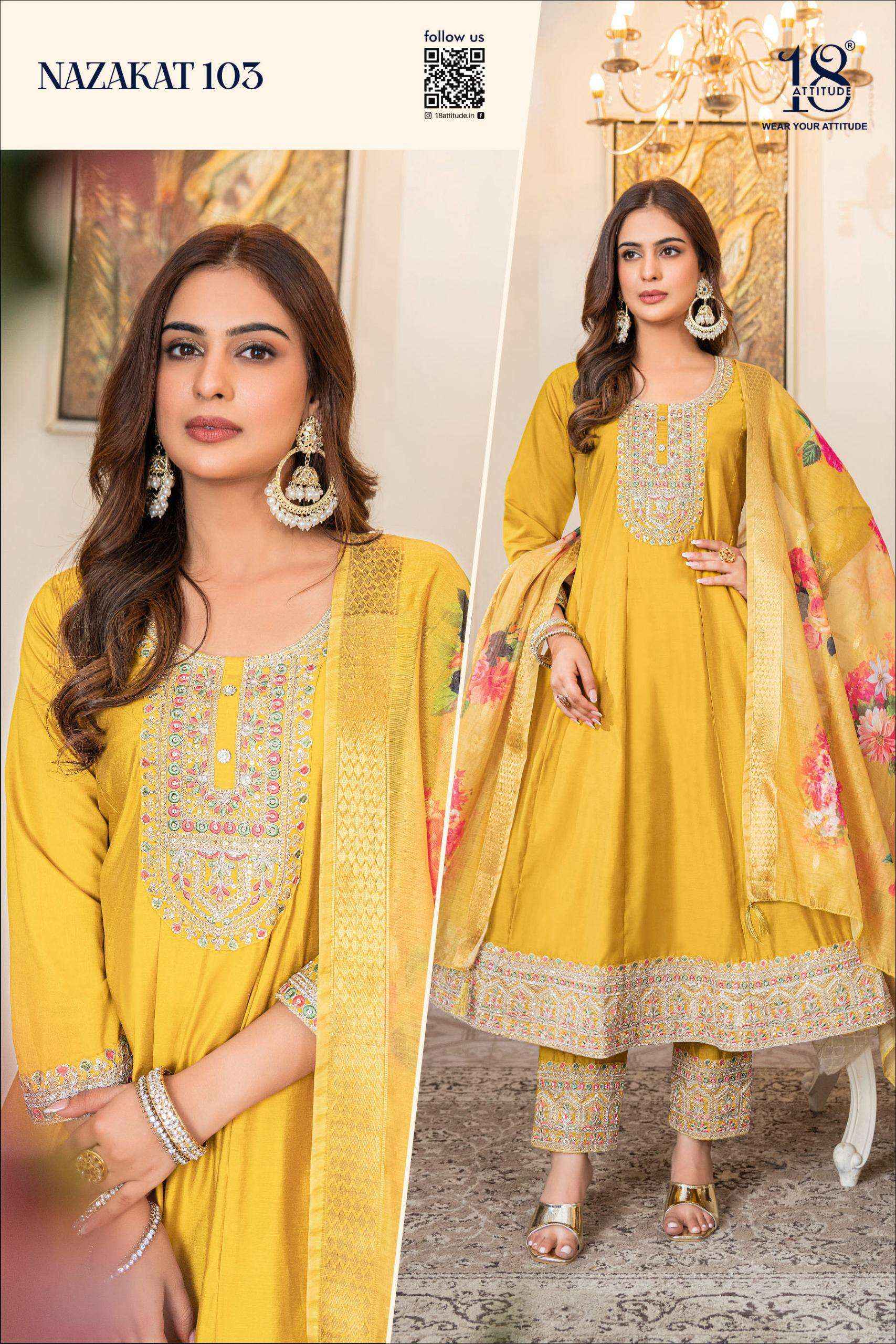 18 ATTITUDE NAZAKAT MUSLIN DESIGNER ANARKALI STYLE READY MADE LADIES DRESS WHOLESALE RATE ( 4 PCS CATALOG )
