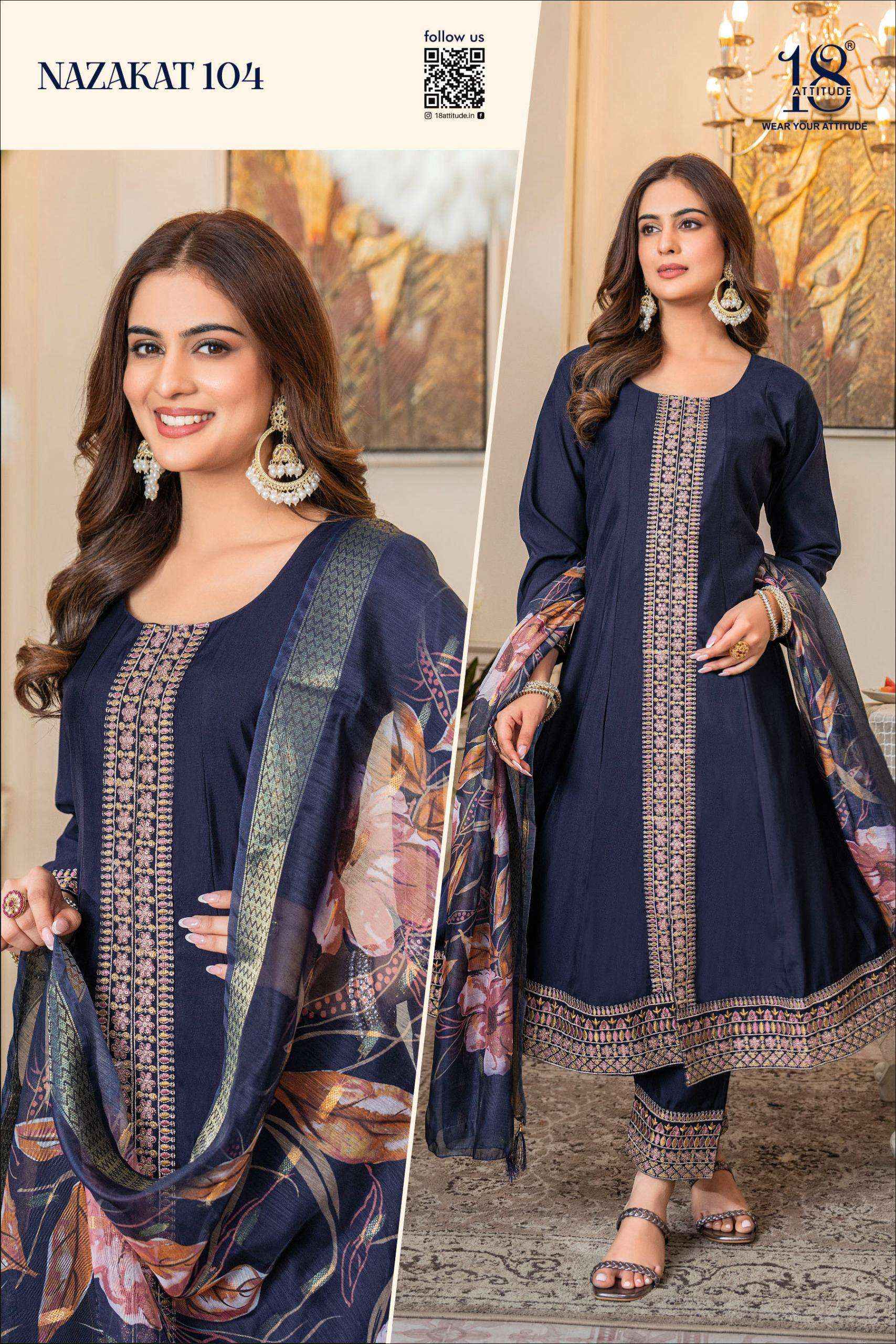 18 ATTITUDE NAZAKAT MUSLIN DESIGNER ANARKALI STYLE READY MADE LADIES DRESS WHOLESALE RATE ( 4 PCS CATALOG )